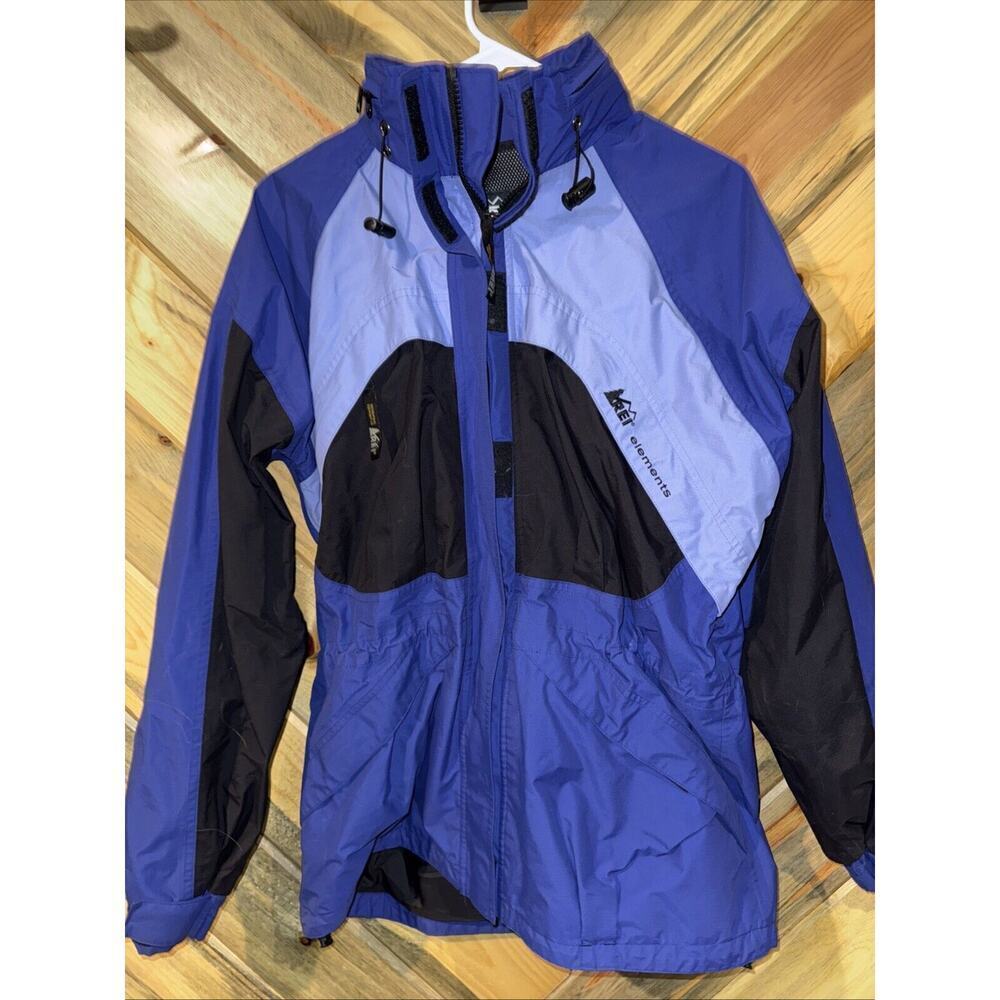 REI Women's Coat Gorpcore Full Zip Stowable Hood Blue Size M Cinch Waist AY